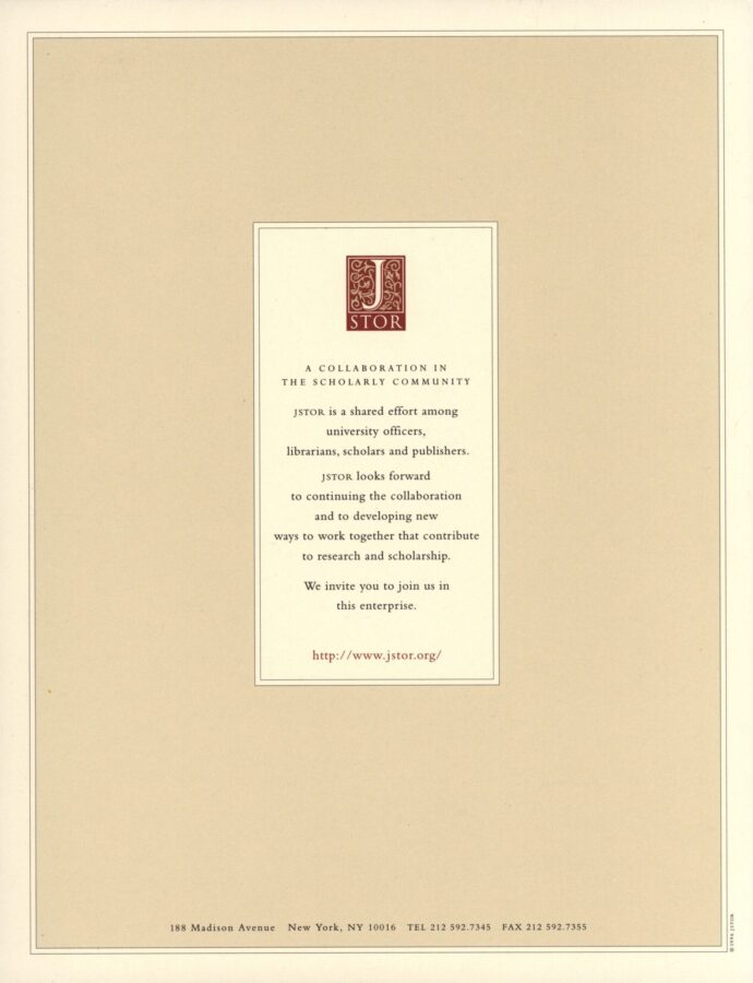 The final page of a JSTOR informational brochure. Centered is the JSTOR logo with the message: “A collaboration in the scholarly community,” describing JSTOR as a joint effort among scholars, librarians, and publishers. A URL (http://www.jstor.g.sjuku.top/) invites readers to join the initiative.