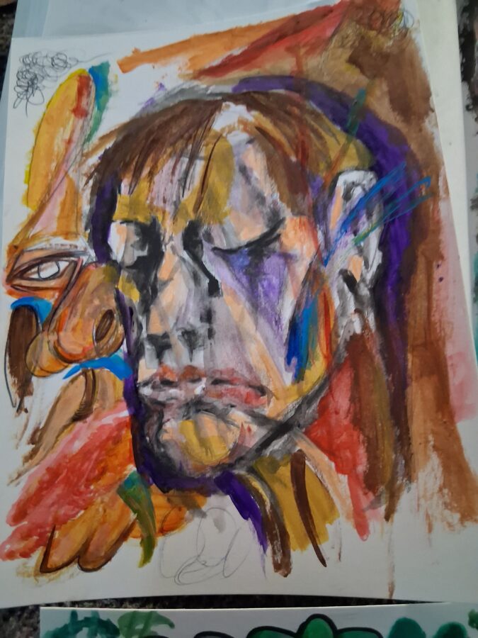 An abstract portrait showcasing a contemplative face with closed eyes, rendered in bold brush strokes. The use of vivid colors like orange, purple, and blue creates a dramatic contrast, reflecting a deep emotional state and a sense of introspection.