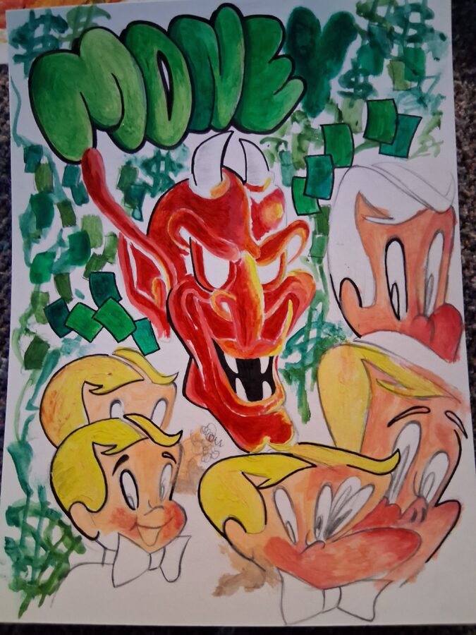 A colorful and dynamic illustration depicting a red, devil-like figure grinning amidst green dollar signs and cartoonish characters. The artwork combines playful and sinister elements, exploring themes of greed and temptation in a whimsical but unsettling manner.
