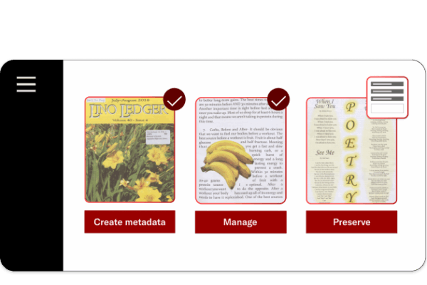 Screenshot of a digital preservation interface showing three documents in a row. The first, titled Lino Ledger, has a yellow cover with daffodils and is labeled “Create metadata.” The second features an image of bananas and a red highlighted section, labeled “Manage.” The third document has a poem titled When I Saw You and is labeled “Preserve.” Each document has a checkmark icon above it indicating progress. A hamburger menu icon is on the left side of the screen.