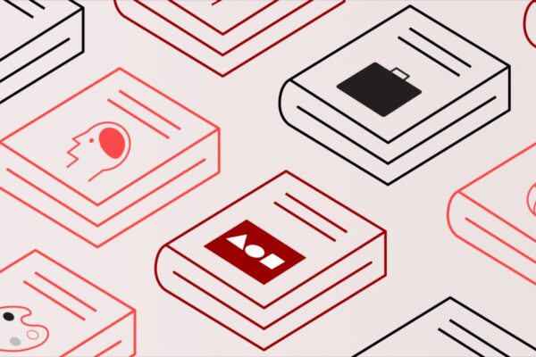 Illustrated graphic of books with simple line drawings in red and black, symbolizing the diversity of scholarly titles in the Path to Open collection.