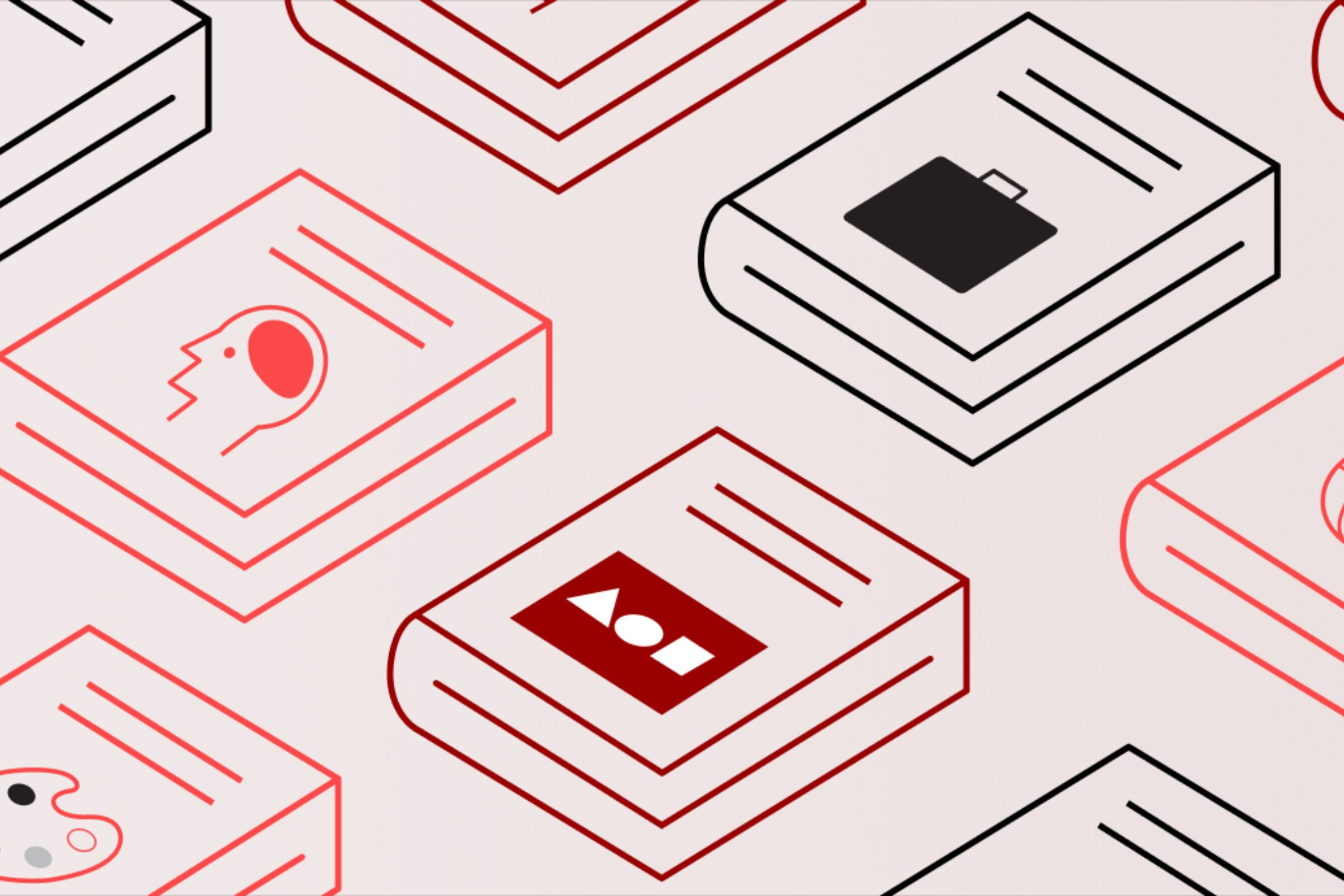 Illustrated graphic of books with simple line drawings in red and black, symbolizing the diversity of scholarly titles in the Path to Open collection.