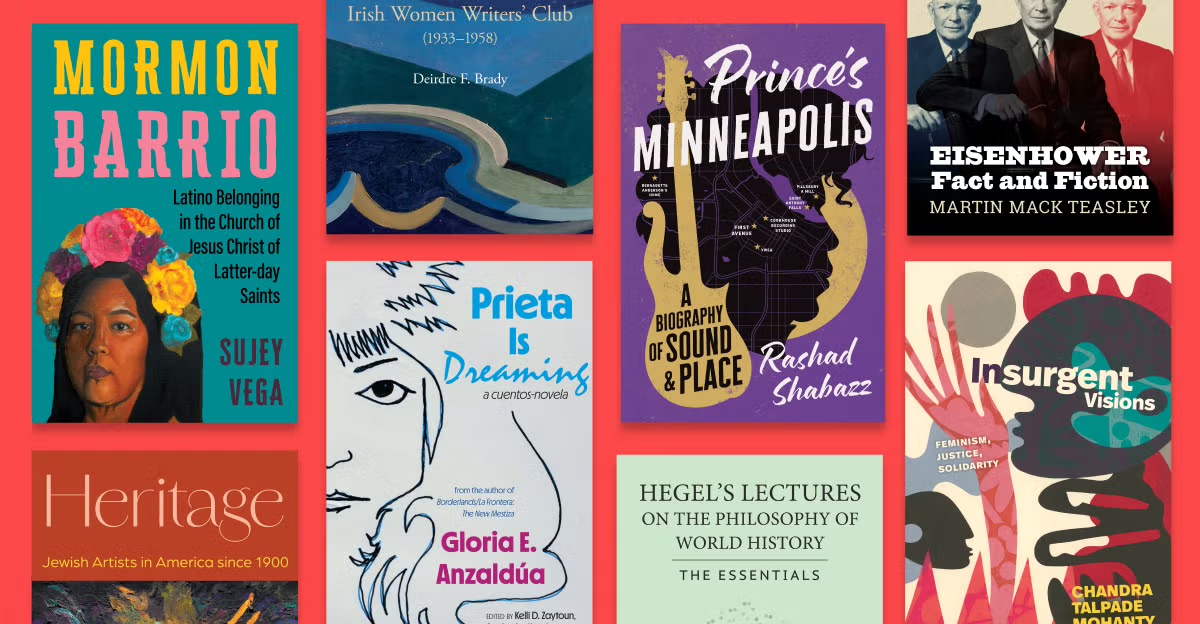 Collage of diverse book covers, including titles such as Mormon Barrio, Prince’s Minneapolis, Prieta Is Dreaming, Eisenhower Fact and Fiction, and Insurgent Visions.