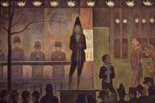 Pointillist painting of a circus sideshow with a performer on a platform, musicians in the background, and a crowd gathered in the foreground under rows of glowing lights.