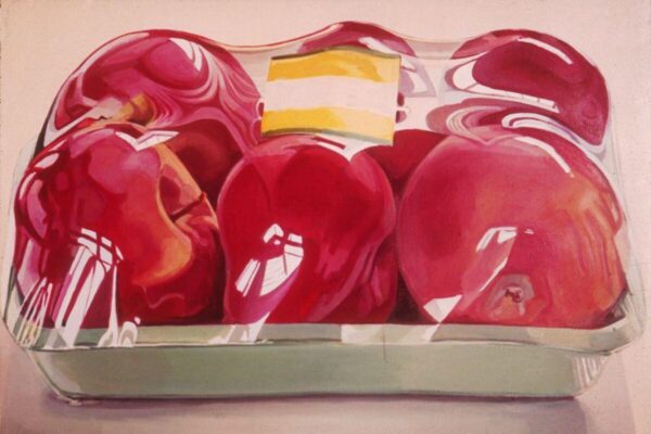 A still-life painting of bright red apples tightly packed in a clear plastic tray with a yellow-and-white label on top, the glossy wrapping creating reflections and highlights across the fruit.