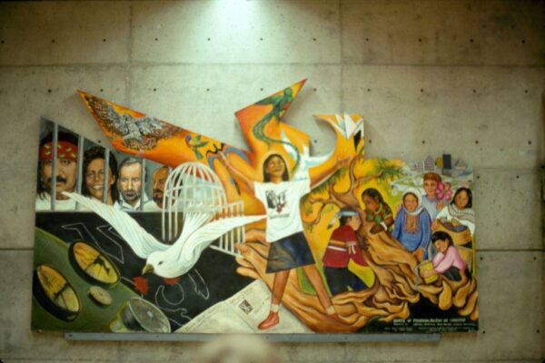 Colorful mural showing a central figure with arms raised in front of a birdcage releasing a white dove, symbolizing freedom. Surrounding scenes include imprisoned figures, community members gathered together, and imagery of struggle and resilience, blending themes of justice, cultural identity, and collective liberation.