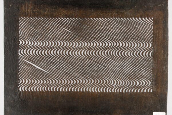 Rectangular 19th-century stencil with a dark brown border and a central field of tightly spaced, parallel wavy lines that create a rhythmic, undulating pattern across the surface.