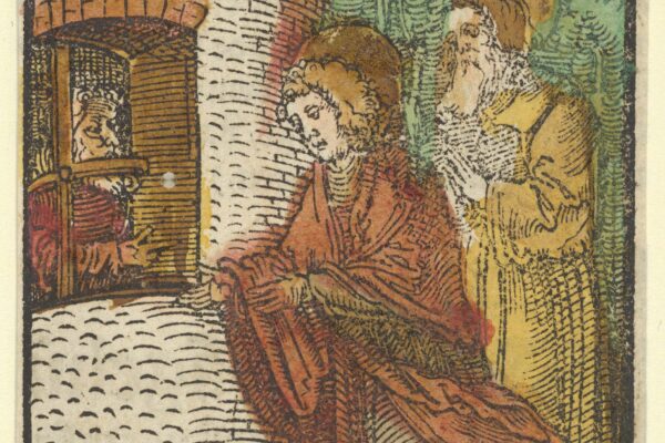 A hand-colored woodcut print from 1517 by German artist Hans Schäufelein, depicting Saint John the Evangelist in prison. A haloed figure sits inside a stone cell as an angel appears before him. The image is rendered in fine black lines with warm color wash, in the style of early sixteenth-century German printmaking.